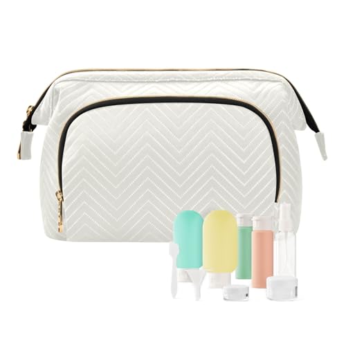 senya Travel Makeup Bag Cosmetic Bag Wide-open Pouch Toiletry bag Make Up Organizer Case with bottles kit for Women (White)