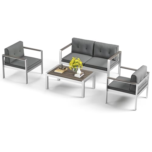 COSTWAY 4 PCS Garden Furniture Set, Aluminum Patio Conversation Sofa Set with 1 Table, 2 Bistro Chairs, 1 Loveseat and Cushions, Modern Outdoor Table and Chairs Set for Balcony Yard Porch (1 Set)