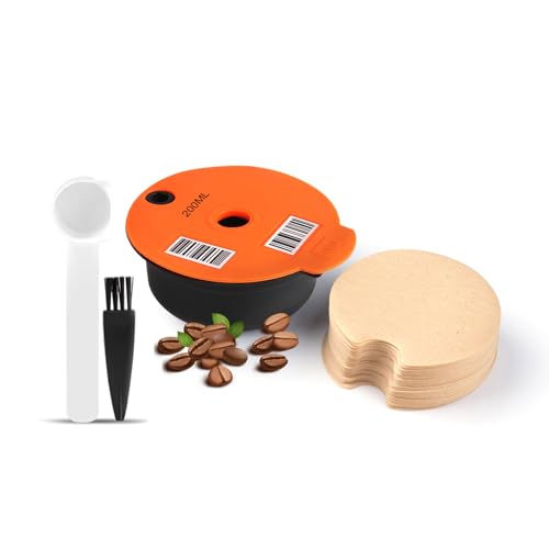 HAILASRE Orange Reusable Coffee Pods Compatible with Bosch Tassimo Machine Refillable Coffee Capsule with 1 Scoop 1 Brush and 20 Paper Filters Eco-Friendly Filter Pod (for 200ml Coffee)