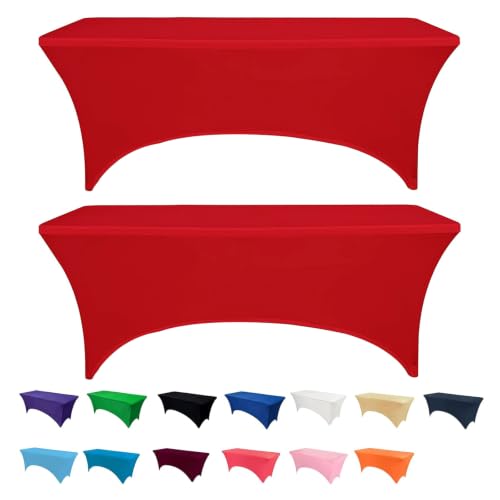 Newthinking 6FT Stretch Tablecloth for Craft 2 Pack Spandex Stretch Table Cloth Washable and Wrinkle Resistant Market Stall Table Cover for Banquet Folding Table Event Wedding (Red)