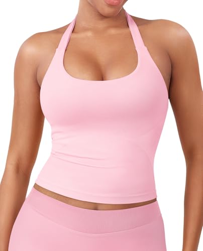 Image of YEOREO SoftHue Women's Impact Halter Tank Top Longline Backless Scoop Neck Built-in Bra Sports Workout Gym Crop Top