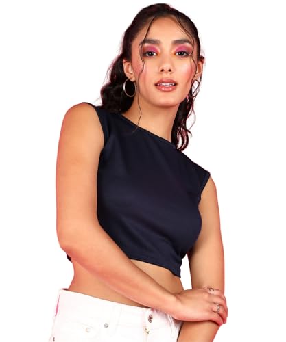 Image of POPWINGS Casual Self-Design Round-Neck Sleeveless Crop Top for Women || Summer Wear Crop Tops for Women || Stylish Western Regular Wear Women Crop Tops
