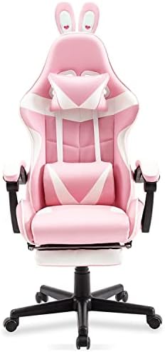Soontrans Pink Gaming Chair with Footrest,Bunny Ears,Ergonomic Dwelling Workplace Desk Chair,Pretty PC Laptop Recreation Chair with Headrest and Lumbar Help Gamer Chair for Women(Traditional Model, Child Pink)