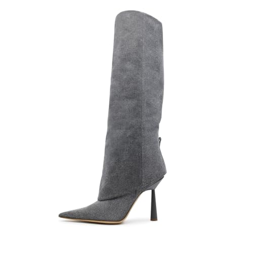 Image of Goolita Fold Over Boots For Women, Pointed Toe Stiletto Heel Knee High Boots Fashion Comfortable Slip On Tall Boots