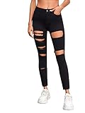 SweatyRocks Women's Casual High Waist Ripped Skinny Jeans Distressed Denim Pants Black Plain M