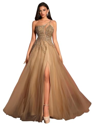 Image of MYDRESS Beading Tulle Prom Dresses 2026 with Pockets Spaghetti Strap Formal Evening Dresses with Slit