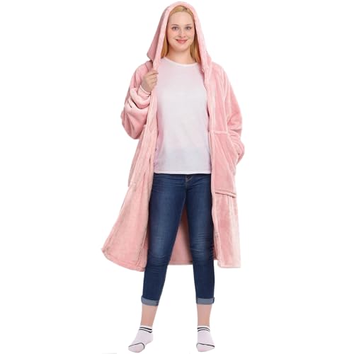 Waitu Felpa indossabile, regalo per donne e uomini, coperta oversize calda e confortevole, coperta con cappuccio, coperta in flanella spessa con cerniera intera e tasca gigante, rosa