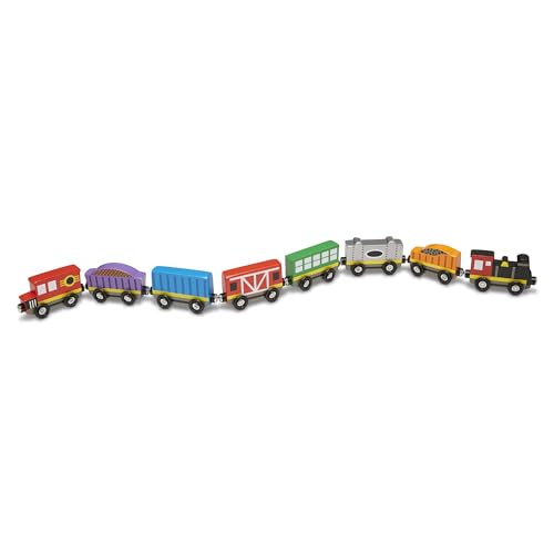 Melissa & Doug Juego de vagones de Tren de Madera de 8 Piezas, Trenes y vagones magnéticos de Madera, Juego de Trenes de Juguete, para niños y niñas Mayores de 3 años 3 4 5 6