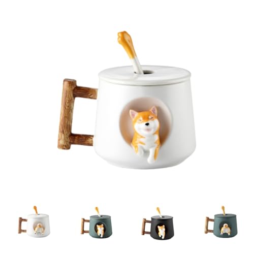 SJGEIDM 柴犬 アニマルマグ 約420ml コーヒーマグ 電子レンジ対応 食器洗い機対応 クリエイティブ スタイリッシュ かわいい アニメ風 セラミックウォーターカップ 蓋とスプーン付き (401-500ml,白柴犬カップ(頭))