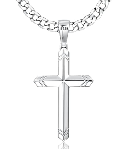 Besteel 925 Sterling Silver Cross Necklace for Men Women, 5MM Durable Stainless Steel Diamond Cut Cuban Link Curb Chain with Silver Cross Pendant, Mens Cross Crucifix Necklaces Jewelry 16-30 Inches