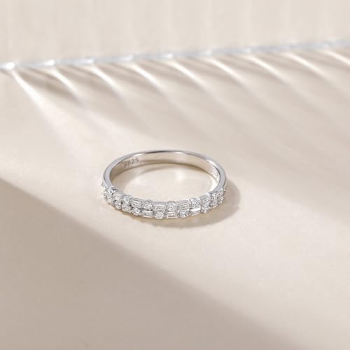 EAMTI 925 Sterling Silver Wedding Bands for Women Baguette Round Cubic Zirconia Two-Row Eternity Band Stackable Engagement Rings Size 4-103