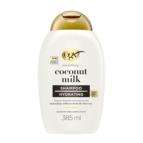 OGX Nourishing + Coconut Milk Shampoo (385 ml), champú hidratante con leche y aceite de coco y proteína de leche hidrolizada, tensioactivos sin sulfatos, para cabello seco