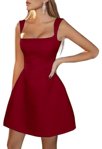 Image of Spaghetti Straps Short Homecoming Dresses Sqaure Neck Satin Mini Cocktail Dress Wedding Party Gowns