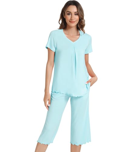 Image of NACHILA Pajamas Set for Women-Viscose Made from Bamboo, Short Sleeve Sleepwear with Capri Pants Pajama V Neck Cool Pjs