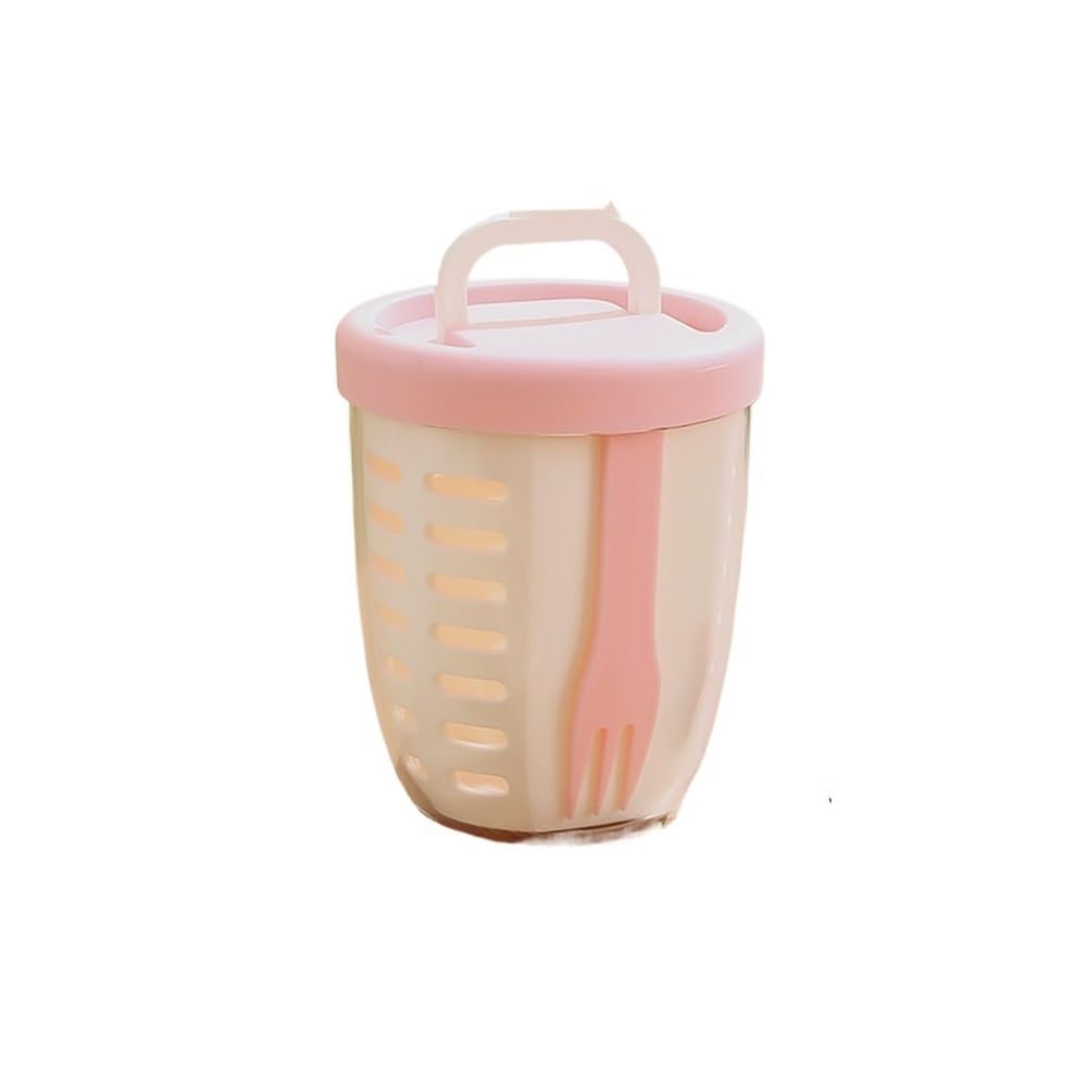 Lopheco 3Pcs Portable Outdoor Salad Cups With Fork, Cylindrical Drainable Plastic Fruit Storage Lunch Containers(Pink)