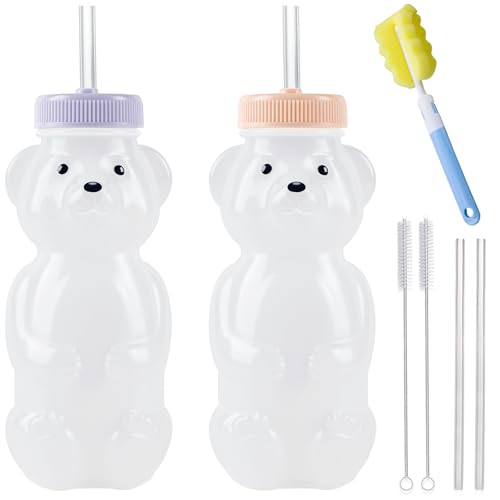 Honey Bear Straw Cups Juice Bear Bottle Drinking Cup Long Straws with 4 Flexible Straws & Cleaning Tools 8-Ounce Therapy Sippy Bottles for Speech and Feeding Training Food-Grade & BPA Free 2 Pack
