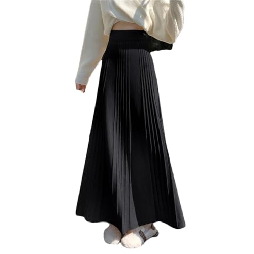 Women Winter Elegant Knitted Midi Skirt High Waist Pleated Korean Slim A Line Skirts