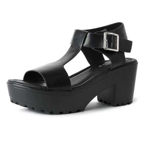 J. Adams Corby Platform Sandal - Low Heel T-Strap Open Toe Flatform Ankle Strap, Black Pu, 8.5