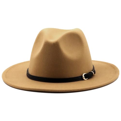 HEYANN Damen Herren Klassische Fedora Hut mit breiter Krempe mit Gürtelschnalle Filz Unisex Trilby-Hut Herren Panama Hut Jazz Hut für Damen Herren (DE/NL/SE/PL Alphanumerisch M Kamelhaar)