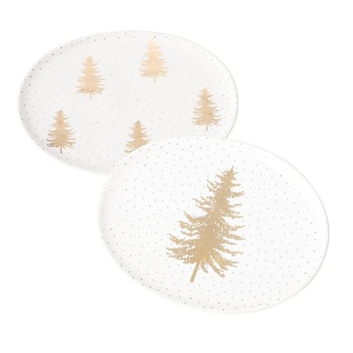 Miss Lovely Assiette de Noël Sapin de Service Vaisselle Assiette Bol Noël Décoration de table Vaisselle de Noël Assiettes à biscuits Couleurs : blanc et or Contenu : 2 pièces Forme : ovale