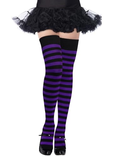 Moon Wood Womens Thigh High Socks Striped Knee High Socks Extra Long Cotton Knit Over the Knee Socks for Halloween