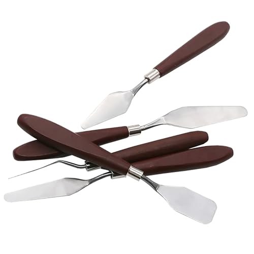 Image of GLUN Set of 5 Palette Knives for Painting, Various Size & Shape, Stainless Steel Spatula, Brown Polished Handle for Artist Canvas Oil Paint Color