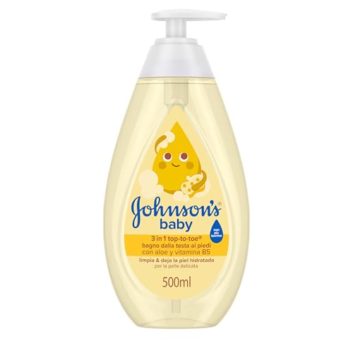 Johnson's Baby Top-to-Toe 3 in 1 Bagno dalla Testa ai Piedi 500 ml, Bagnoschiuma e shampoo bambini per viso, corpo e capelli, Bagnoschiuma neonato per pelle delicata, Dermatologicamente testato