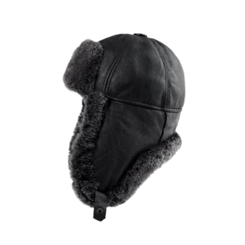 Image of Leather Aviator Russian Ushanka Trapper Shearling Sheepskin Fur Ear Flap Waterproof Winter Hat