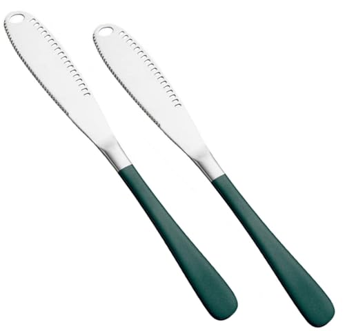 Image of Butter Spreader Knife, Stainless Steel, 3 in 1 Kitchen Gadgets, Curler, Butter Grater, Shredding Slots and with Serrated Edge Knife with Hole(Silver-Green, Set of 2)