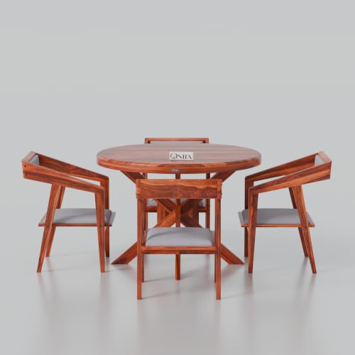 Image of ONIJA Solid Sheesham Wood 4 Seater Dining Table Set with Cushioned Chairs for Dining Room | Living Room | Home & Office | Hotels Restaurant & Cafe (4 Seater, Honey Finish)