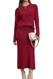 Arach&Cloz Women's Two Piece Outfits 2026 Spring Fashion Cashmere Lounge Sweater Long Sleeve Raglan Cuffs Knit Top Midi Dress Matching Work Sets Business Outfits (Burgundy L)