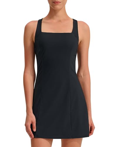 EZRUN Womens Square Neck Tennis Dress Built in Shorts and Bra Athletic Golf Dress with Pockets for Summer Black