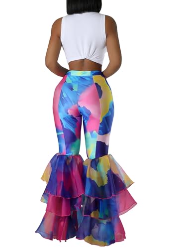 Women's Multi Ruffle Hem Flared Pants Printed High Waisted Bell Bottoms Fashion Trousers Bodycon Pants3