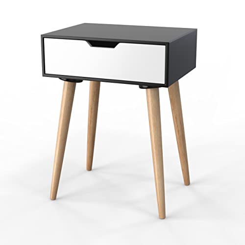 Image of Brown Art SHOPPEE Black & White Art Deco Medium Wooden End Side Table with Drawer, Bedside Table