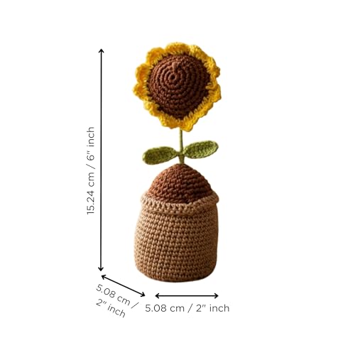 Image of eCraftIndia Brown Artificial Handmade Crochet Sunflower with Pot for Table Decor Car Dashboard Home Office Decoration Item