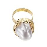 sourcing map Pearl Ring for Women Irregularity Adjustable Faux Pearl Finger Ring Open Vintage Statement Stacking Jewelry, Light Golden, White