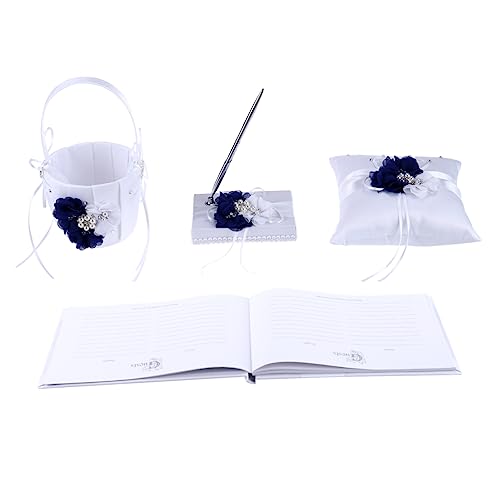 HOLIDYOYO 4pcs Wedding Ring Pillow Set Flower Basket Notebook Pen Holder Bride Flower for Western Ceremony