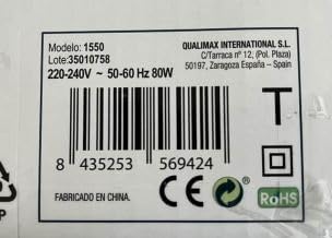 Product label showing Model 1550, 220-240V, 50-60Hz, 80W, and EAN 8435253569424.