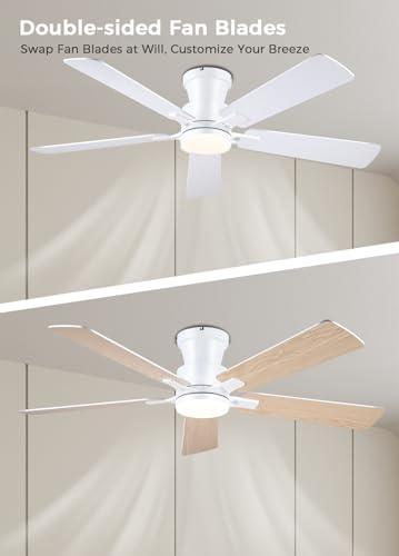 Image of JSAITEE 52 inch Flush Mount Ceiling Fans with Lights Low Profile White | Modern Fans DC Reversible Motor, 3CCT Dimmable, 6 Speeds Fan Light for Indoor Bedroom, Kitchen, White
