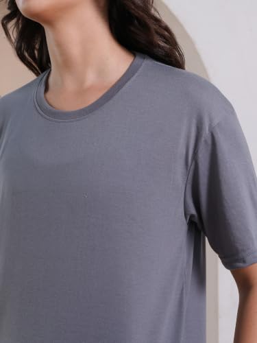 Image of CHKOKKO Oversized Round Neck Drop Shoulder Solid Polyester Full Sleeves T-Shirt for Women