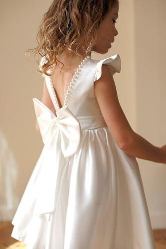 M_RAC Flower Girls Dresses Short Wedding Party First Communion Dress for Girls Satin Pearls FL0343