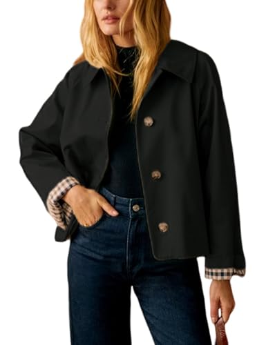 Yeokou Women Oversize Trench Coat Plaid Lining Lapel Button Down Casual Crop Jacket Outwear with Pockets(Black-M)