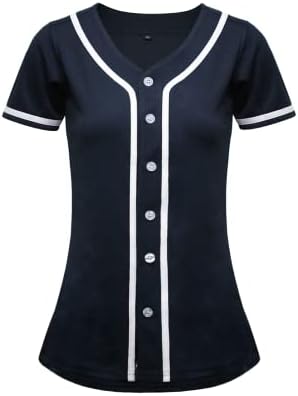 Chobegos Womens Baseball Jersey,Blank Button Down Baseball Softball Jersey,Hip Hop Hipster Short Sleeve Active Shirts (Dark Blue)