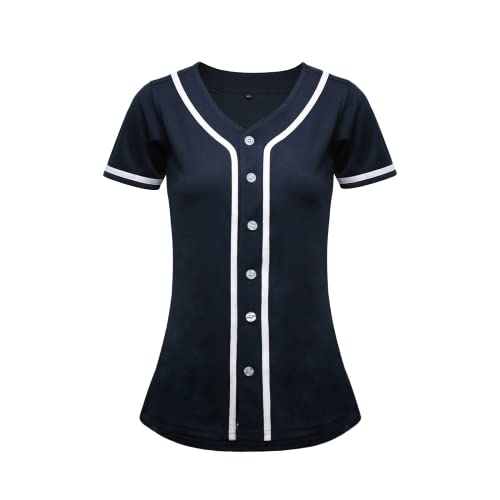 Chobegos Womens Baseball Jersey,Blank Button Down Baseball Softball Jersey,Hip Hop Hipster Short Sleeve Active Shirts (Dark Blue) #TOP20