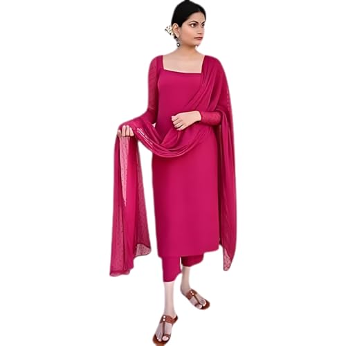 Image of Anveri Textiles Women's Cotton Blend Kurti with Square Neck Long Sleeves Solid Pattern A Line Style Ankle Length and Dupatta Set