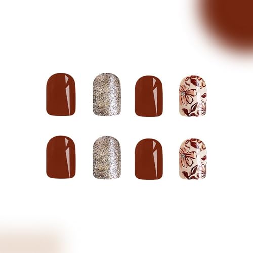 Flower Short Press on Nails Square Fake Nails with Glitter Design Glue on Nails Small Stick on Nails Fall Floral False Nails Brown Glossy Acrylic Nails for Women Nails Manicure Decoration 24 Pcs
