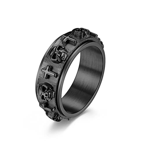Anillo giratorio gótico con cruz de calavera negra para hombres y mujeres, anillos de acero inoxidable para ansiedad y aniversario de boda, Acero inoxidable
