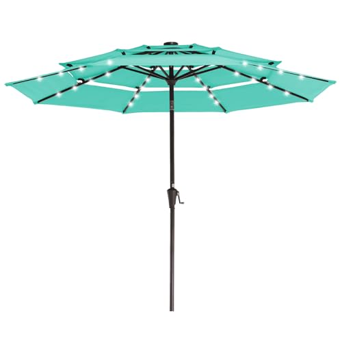 Image of JEAREY 3 Tiers Patio Umbrella with Solar Lights 9ft Outdoor Market Table Umbrellas with Push Button Tilt for Outside Pool Garden, Peacock Blue
