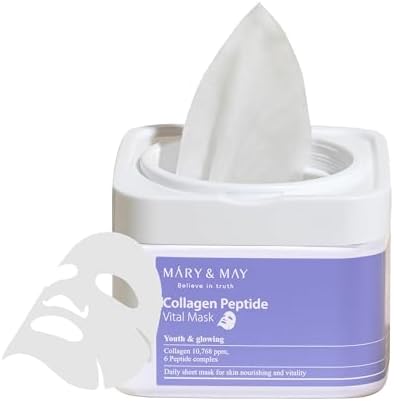 Mary&May Collagen Peptide Vital Mask - Daily Pull-Out Sheet Mask for Wrinkle Improvement, Firming, and Elasticity with Low Molecular Collagen - Korean Skincare, Hypoallergenic Formula, 30 Sheets