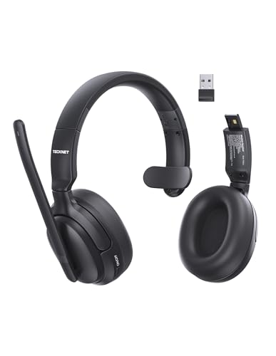TECKNET Wireless Headset, V5.4 Bluetooth Headset mit Mikrofon, Mono/Stereo 2-in-1, 65+ Std. Akku, Over-Ear Headset mit USB-A Empfänger, Kabellos Kopfhörer Für Büro/Trucker/Fernarbeit/Callcenter